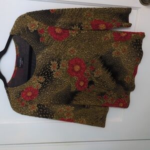 Brittany Black Sz L Petite Red Floral with Gold Metallic 3/4 Sleeve